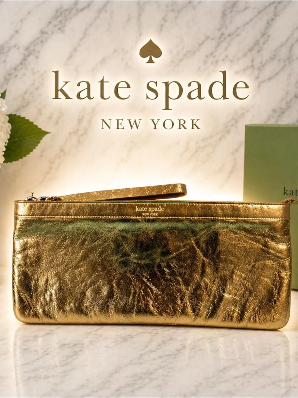 Kate Spade gold crinkled leather clutch/wristlet